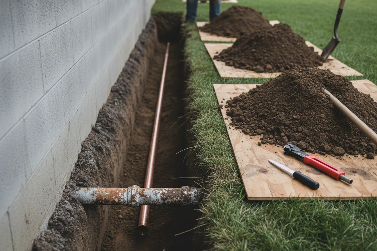 Excavated water line trench during Water Heater Repair in Glen Burnie
